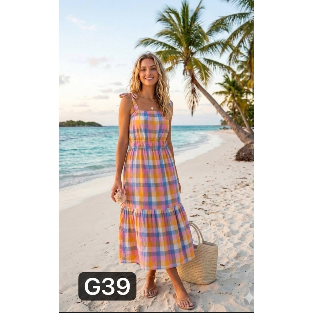 Cotton Free Assembly Plaid Tie-Strap Tiered Midi Dress Pastel Sz XL Cottagecore